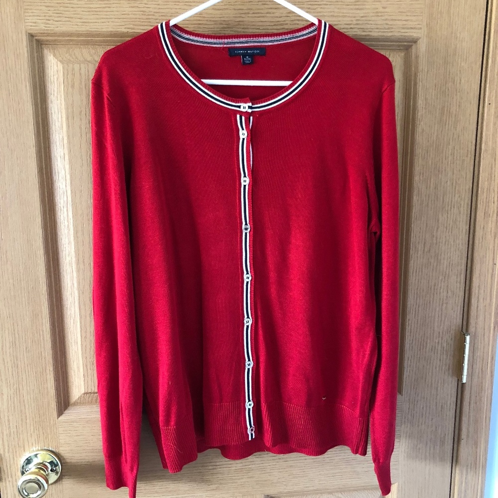 Red Cardigan with navy stripes